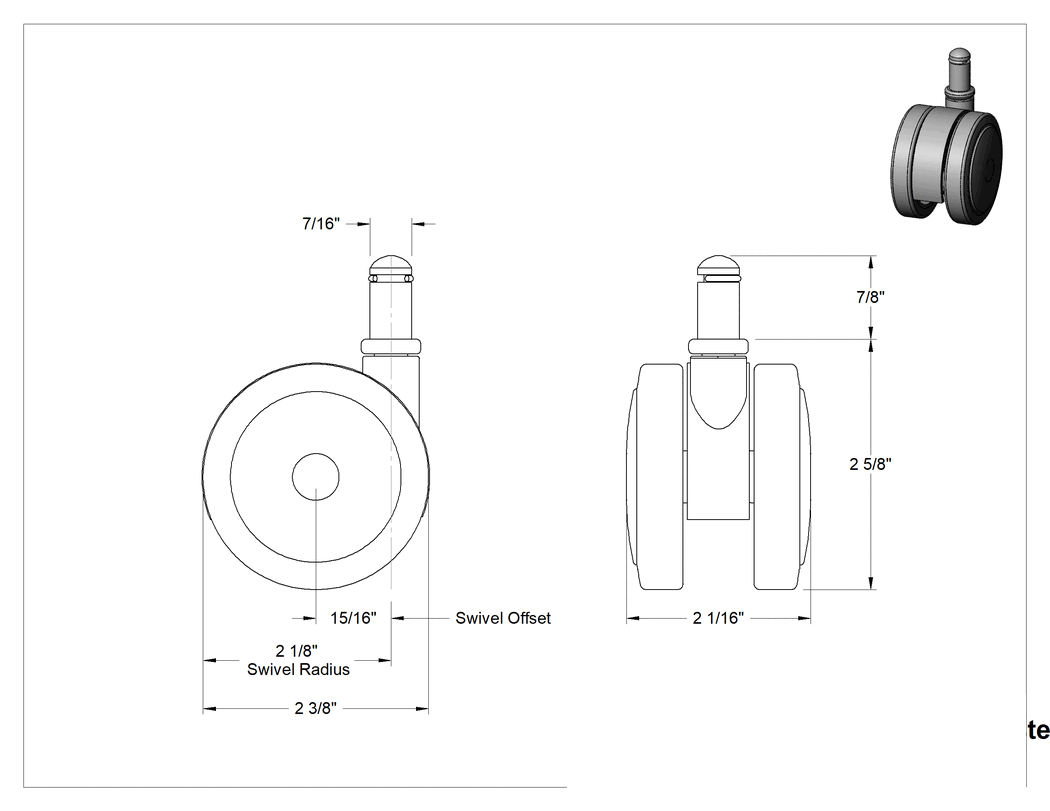 Teknik Çizim - Mobilya için Hafif Hizmet Tipi Döner Tekerlek, Kavrama Halkalı Gövde ve 2-3/8" Çap x 2-1/16" Genişlikte Naylon Tekerlek