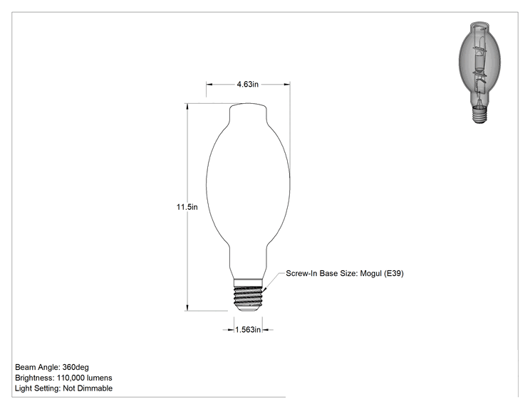 Teknik Çizim - Metal Halide Ampul, BT37 Üflemeli Boru, E39 Mogul Tabanı, 1000W, 4200K