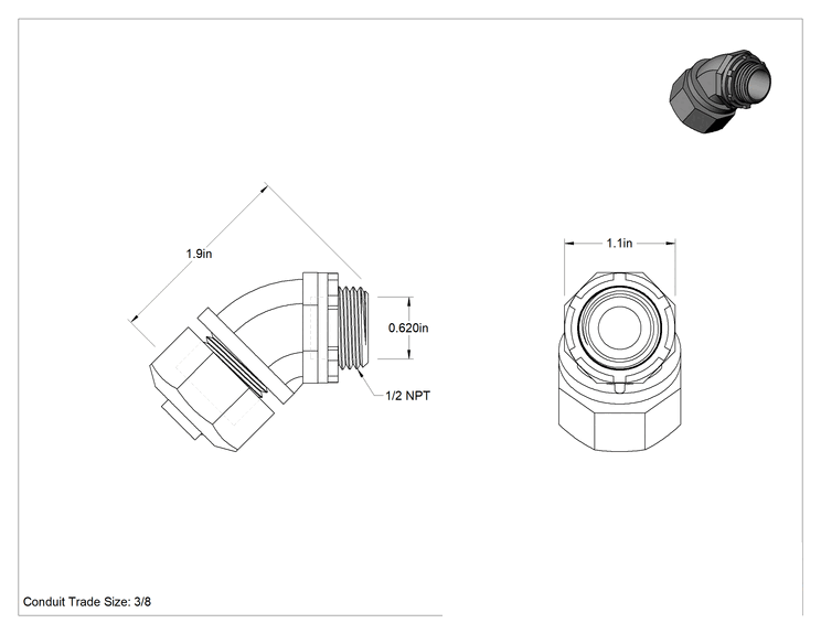 Teknik Çizim - Sıvı Sızdırmaz Esnek Metal Kanal Adaptörü, Somunlu, Demir 45 Derece, 3/8 Anma Ölçüsü Dişi ve 1/2 NPT Erkek