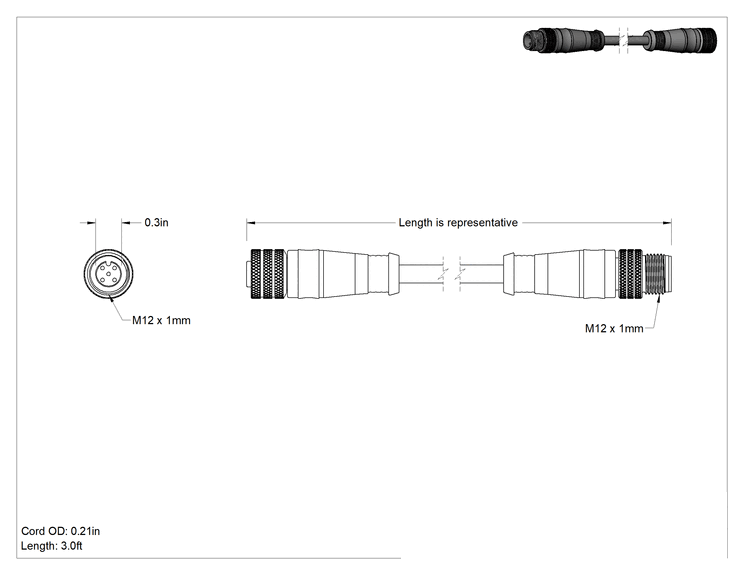 Teknik Çizim - 5 Kutuplu Mikro M12 Kablosu, 3' Uzunluk, 0.21" Dış Çap