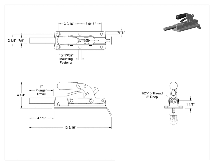 Teknik Çizim - Kilitleme Kolu ile Mandal Kelepçe, 7500 lbs. Tutma Kapasitesi, 1/2"-13 Piston Dişi Boyutu