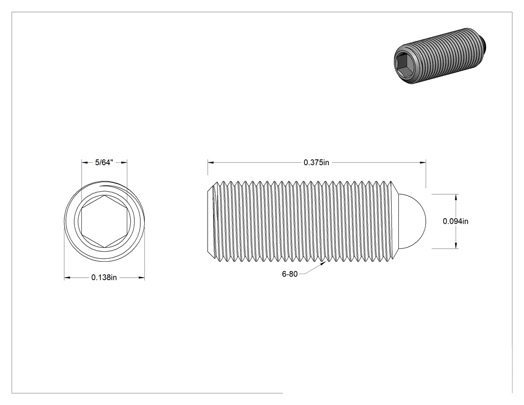 Teknik Çizim - Ultra İnce Dişli Top Uçlu Setskur, 303 Paslanmaz Çelik, #6-80 Diş, 3/8" Uzunluk