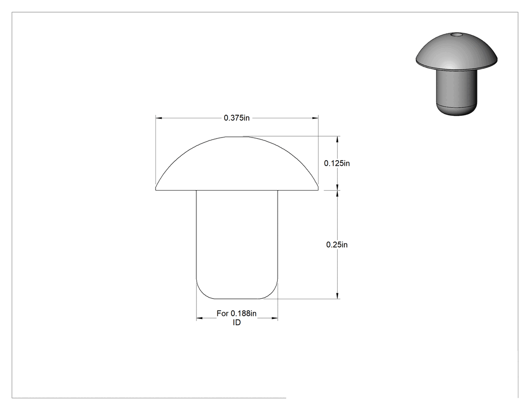Teknik Çizim - 3/16" İç Çap için SBR İçi Boş İtmeli Tamponlar, 1/8" Yükseklik