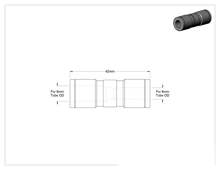 Teknik Çizim - Kimyasallar için Paslanmaz Çelik Bas-Bağlan Tüp Bağlantı Elemanı, 6 mm Boru Dış Çapı x 8 mm Boru Dış Çapı için Düz Redüktör