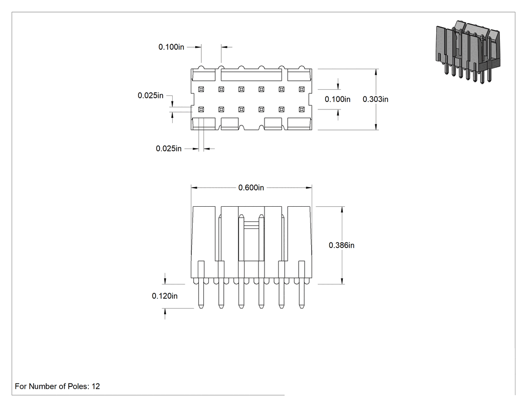 Teknik Çizim - 12 Kutuplu Başlıklar, Amphenol Devre Kartı Konektörleri için 2 Sıra x 6 Sütun