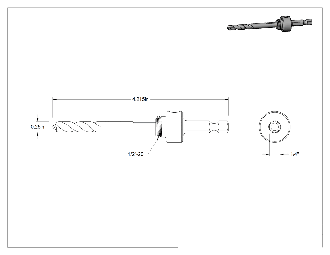 Teknik Çizim - Delik Testere için 3-1/16" Uzunlukta Matkap Ucu ile 1/4" Şaft Mili