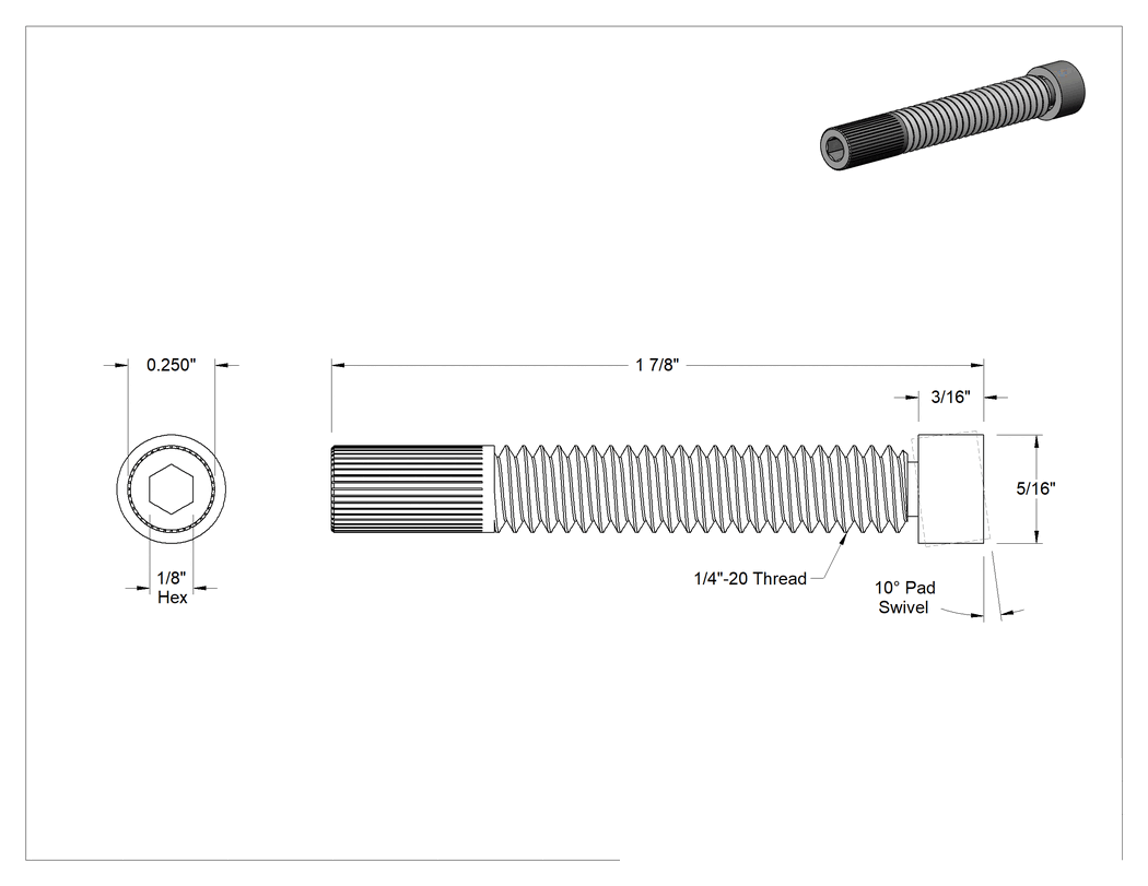Teknik Çizim - Büyük Çaplı Döner Uçlu Setskur, Siyah Oksit 12L14 Karbon ST, 1/4"-20 Diş, 1-7/8" Uzunluk