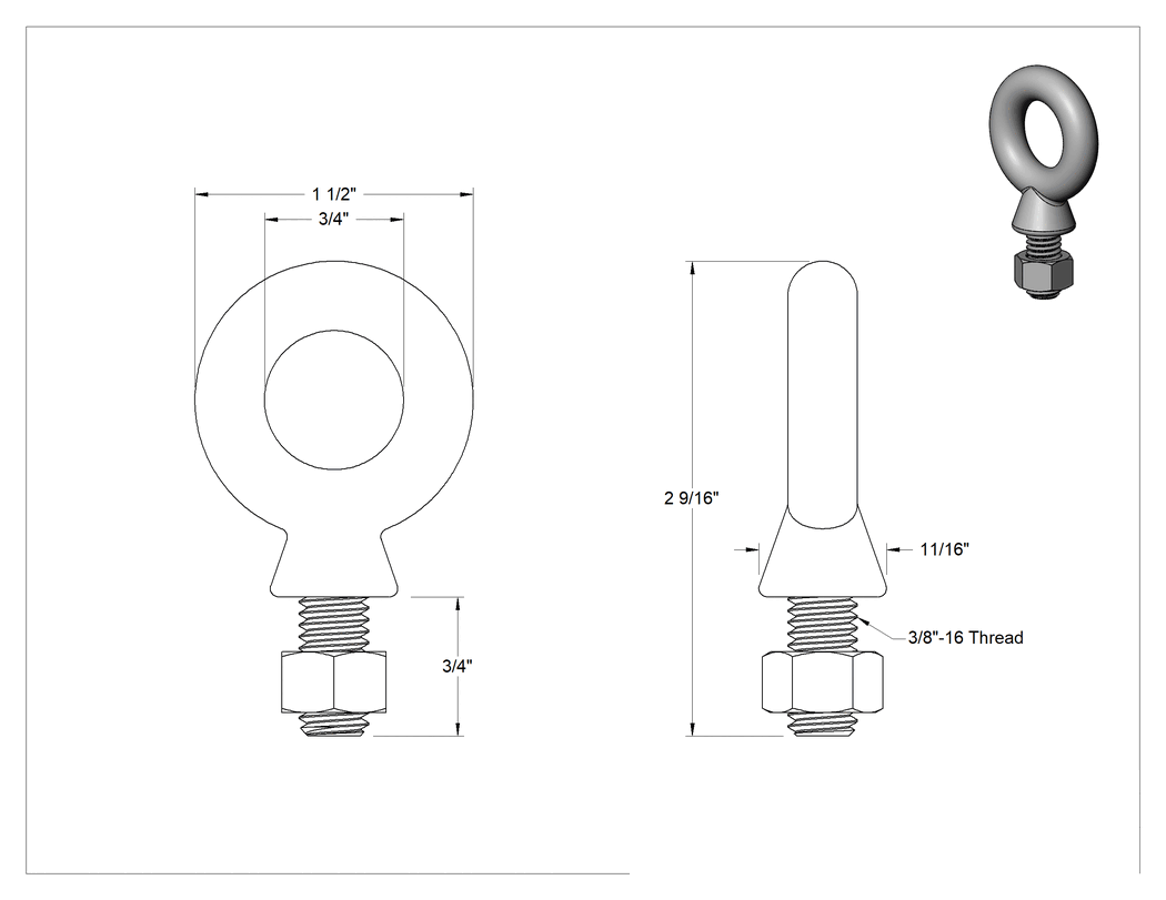 Teknik Çizim - Somunlu 316 Paslanmaz Çelik Halka Cıvata, ve Kaldırma Omuzlu, 3/8"-16 Boyut, 3/4" Uzunluğunda Diş