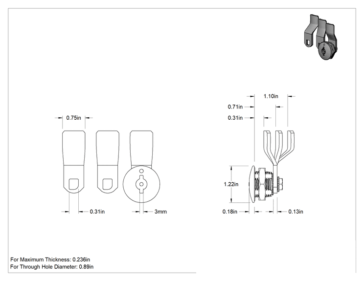 Teknik Çizim - İki Yönlü Tahrikli Kam Kilidi, Sabit kilitleme, Krom Kaplı Çinko, 1.25" Baş Çapı, 3 mm Anahtar
