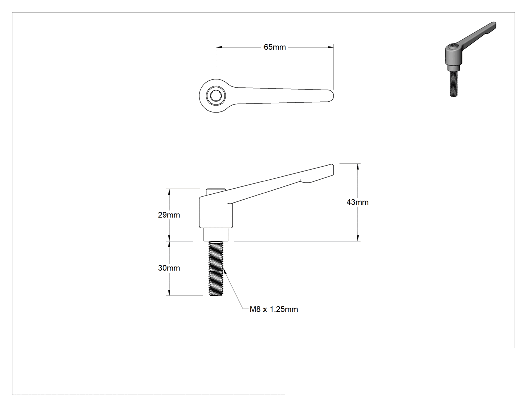 Teknik Çizim - 303 Paslanmaz Çelik Ayarlanabilir Tutamak, M8 x 1.25 mm Diş Boyutu x 30 mm Uzunlukta Saplama