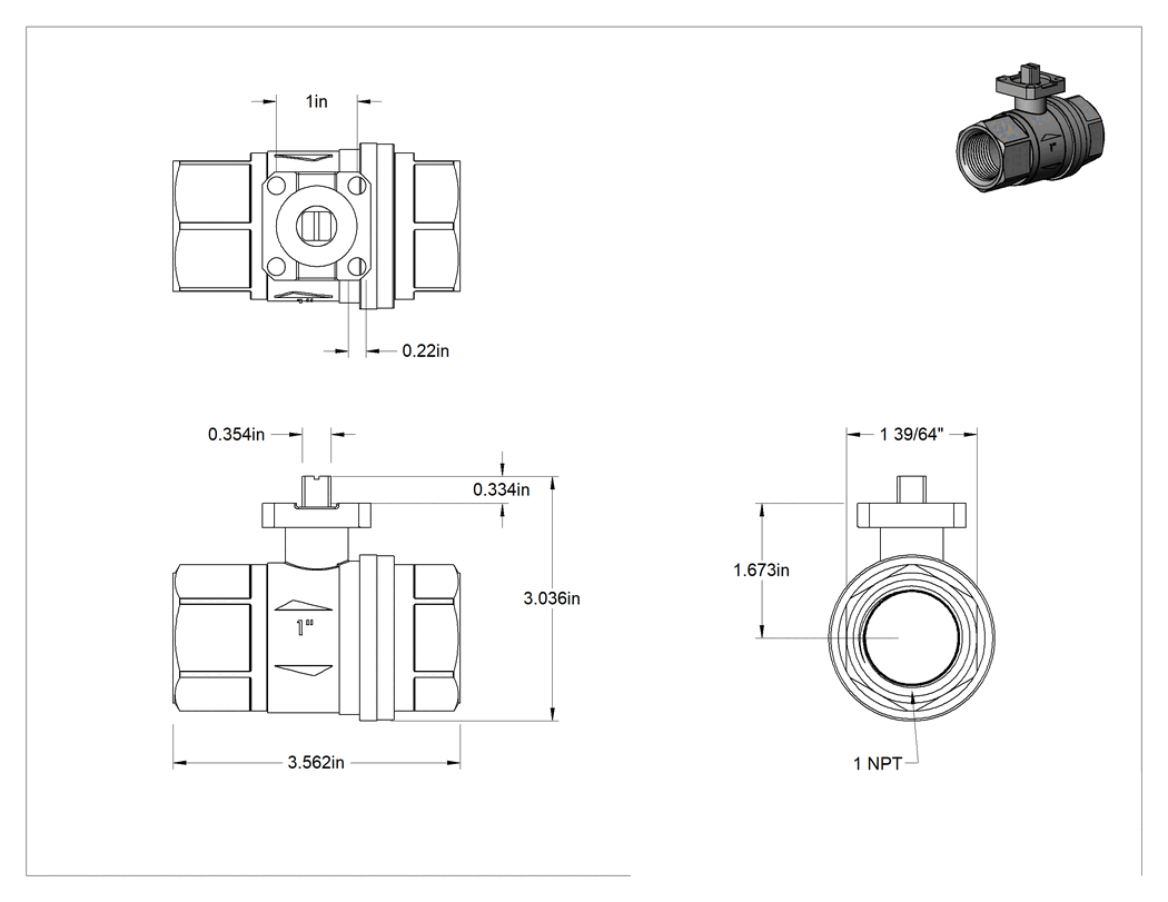 Teknik Çizim - Pirinç Açma/Kapama Vana Gövdesi, 1 NPT Dişi