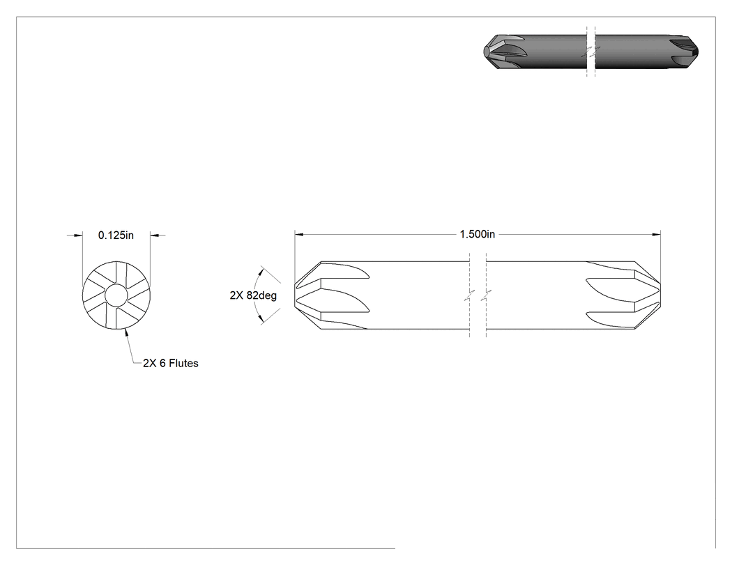 Teknik Çizim - İki Havşa Uçlu Karbür Havşa, Vidalar için, 82 Derece, 1/8" Gövde Çapı