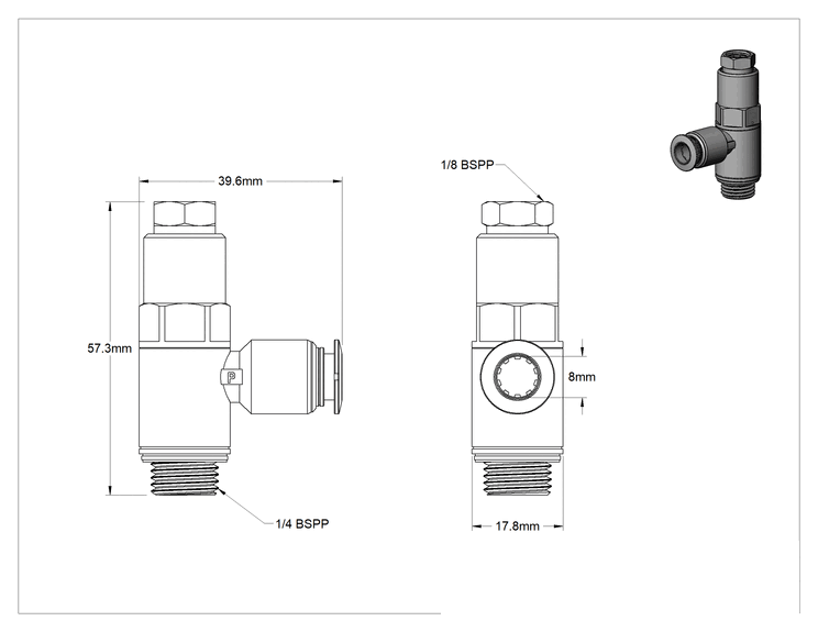 Teknik Çizim - Güvenlik Kapatmalı Hava Yön Kontrol Vanası, 2 Port, 8 mm Boru Dış Çapı x 1/4 BSPP