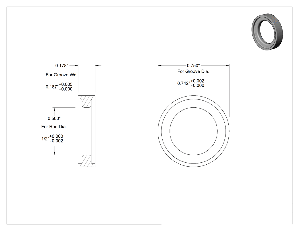 Teknik Çizim - O-Ring Yivleri için Çubuk Contası, 1/2" Çubuk Çapı için