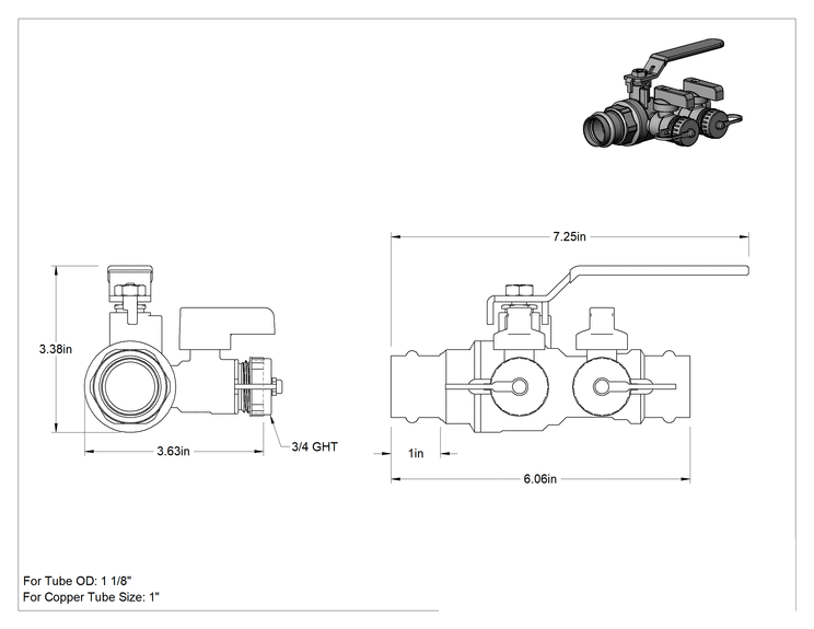 Teknik Çizim - Pres Bağlantı Parçalı Açma/Kapama Vanası, 1 Bakır Boru x 3/4 GHT Erkek için Çift T Adaptörü