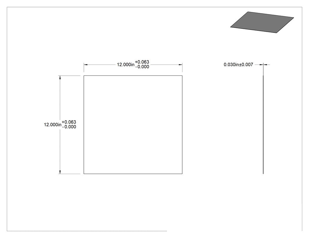 Teknik Çizim - Parlatılmış Paslanma ve Aşınmaya Dayanıklı 316 Paslanmaz Çelik, Ayna Gibi #8, 0.03" Kalınlık, 12" x 12"