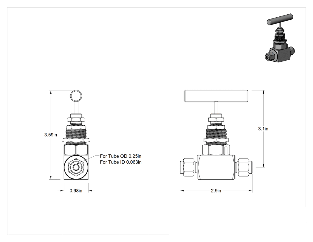 Teknik Çizim - Buhar için Hassas Akış Ayar Valfi, 1/16 inç İç Çaplı ve 1/4 inç Dış Çaplı Boru için Yor-Lok Bağlantı Parçaları