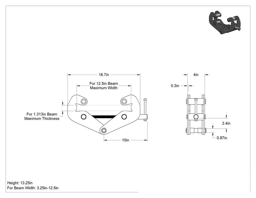 Teknik Çizim - Kancalar ve Askılar için Kiriş Kelepçesi, T-Kolu ve Montaj Çubuklu, 3-1/4"- 12-1/2" Kiriş Genişliği için