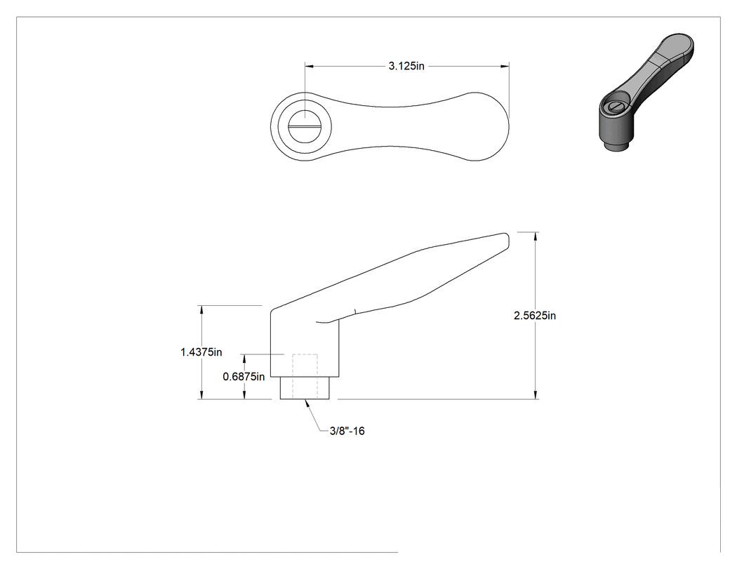 Teknik Çizim - Rahat Tutuşlu Naylon Ayarlanabilir Tutamak, 3/8"-16 Dişli Delikli, Çıkıntı 2-9/16"