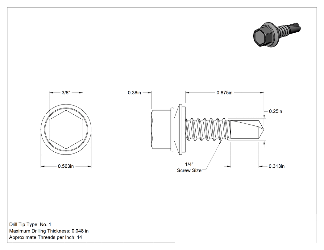 Teknik Çizim - Metal için Pullu Delme Vidaları, Paslanma ve Aşınmaya Dayanıklı Kaplamalı Çelik, 1/4" Boyut, 7/8" Uzunluk