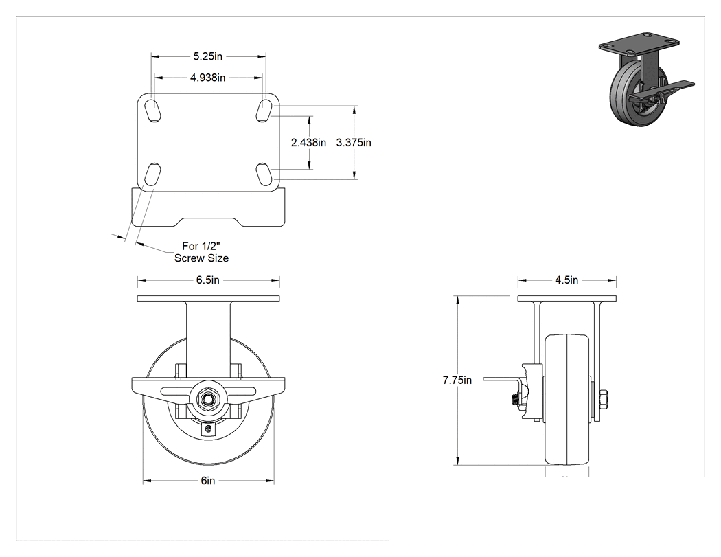 Teknik Çizim - 6-1/2" x 4-1/2" Plakalı Yüksek Kapasiteli Kingston Tekerlek, Sağ Taraf Frenli ve 6 inç Çapında Fenolik Tekerlekli Sabit Model