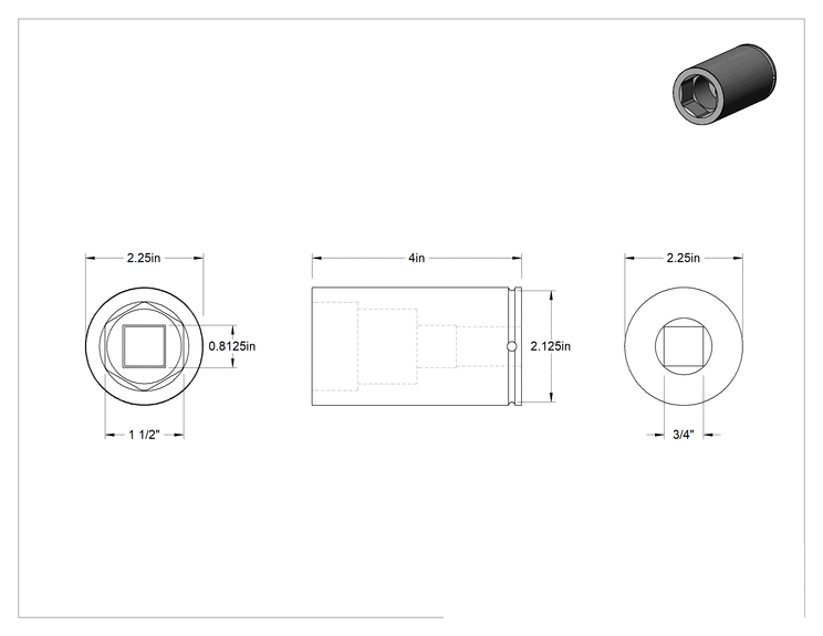 Teknik Çizim - Budd Tekerlekli Darbeli Lokma, 3/4" Kare Tahrik, 1-1/2" Boyut