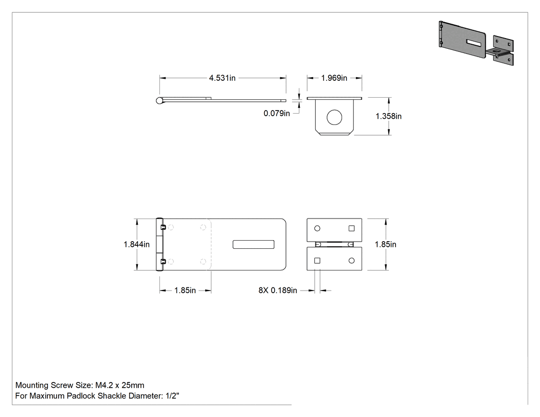 Teknik Çizim - Asma Kilitli Mandal, 4-1/2" x 1-7/8" x 1/16" Kollu, Çinko Kaplı Çelik