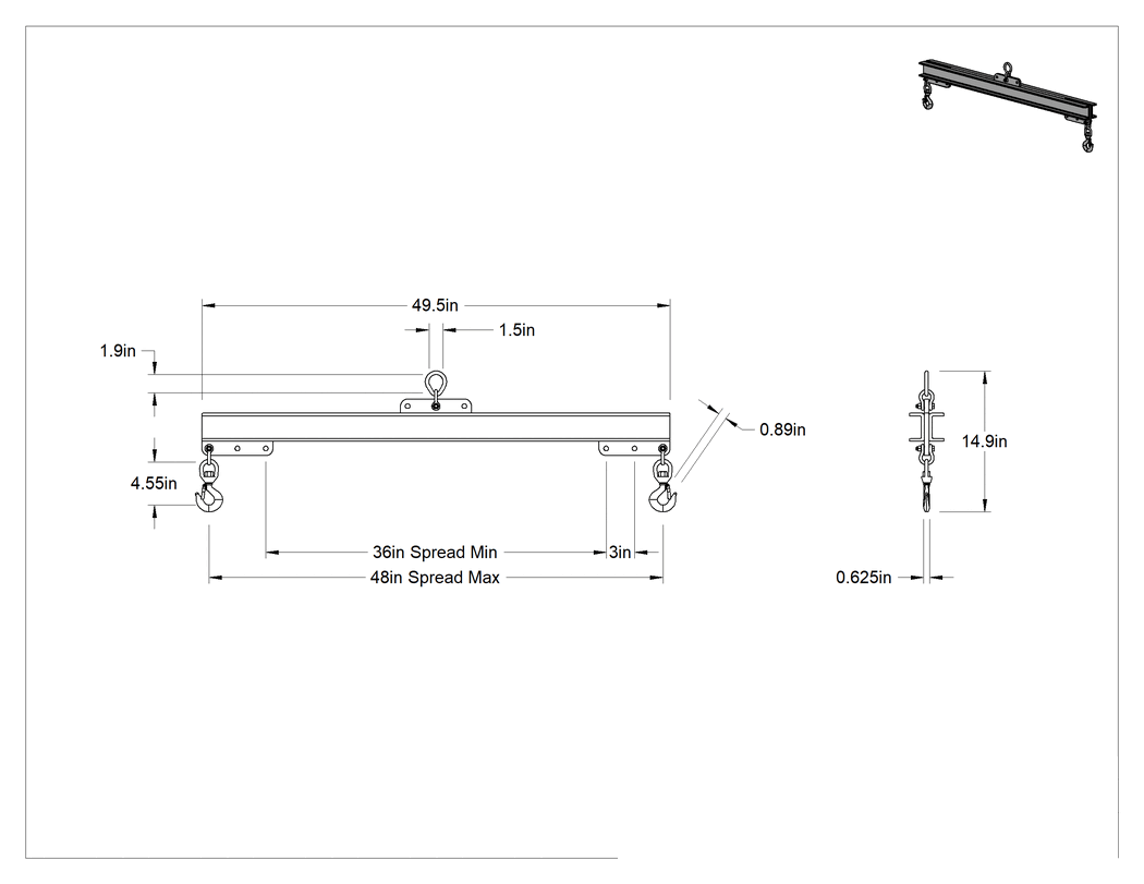 Teknik Çizim - Fiberglas Kaldırma Kirişi, Kilitleme Kancalı, 1000 lbs. Kapasite, 36"-48" Açıklık