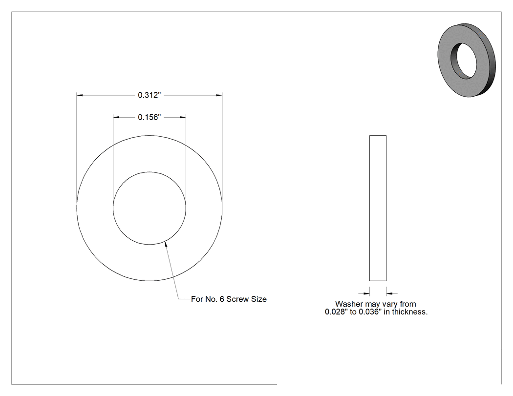 Teknik Çizim - 316 Paslanmaz Çelik ASME Pul, 6 numaralı vida boyutu için, Dar ASME Tanımı