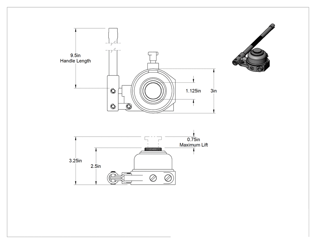 Teknik Çizim - Düşük Profilli Hidrolik Şişe Krikosu, 10000 lbs. Kapasite, 2-1/2" ila 3-1/4" Yükseklik