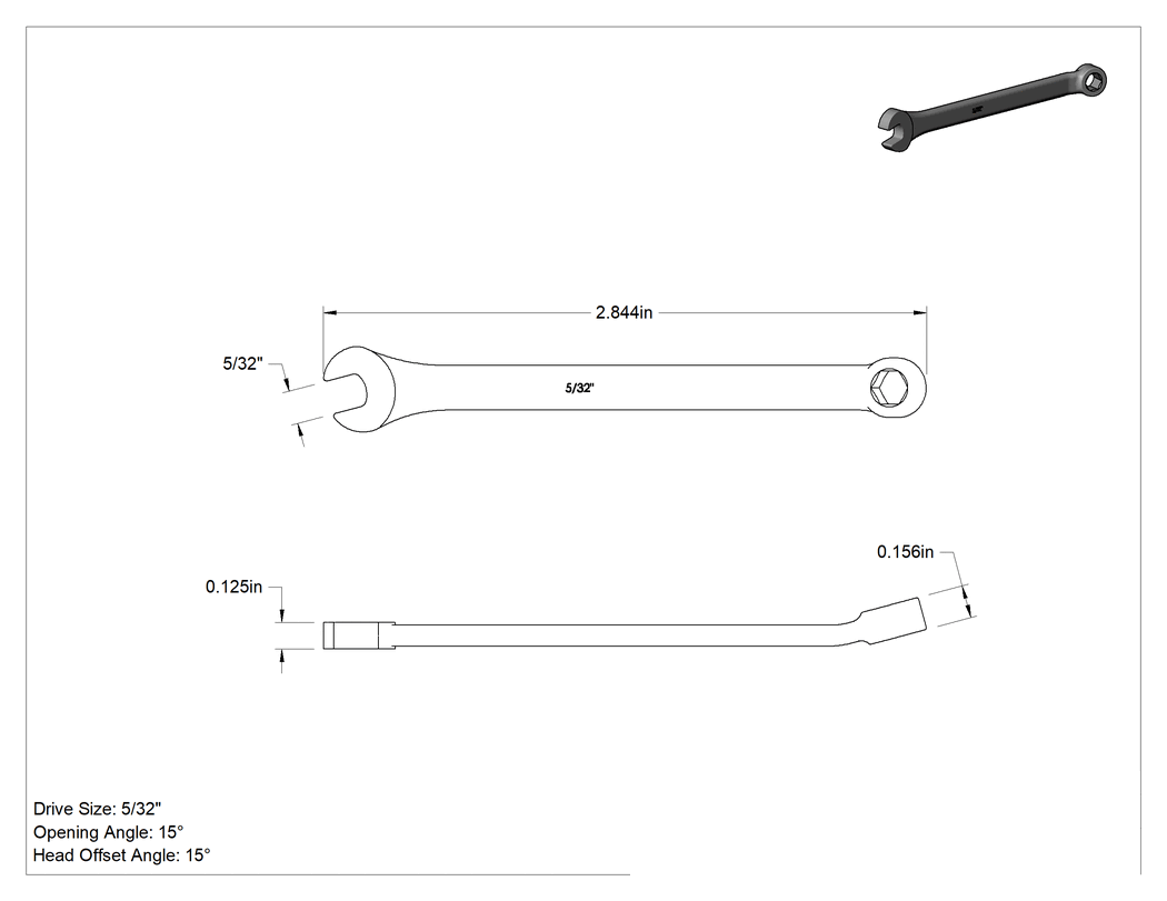 Teknik Çizim - Kısa Kombine Anahtar, 6 Noktalı Açıklıklarla, 5/32" Boyut, 2-13/16" Toplam Uzunluk