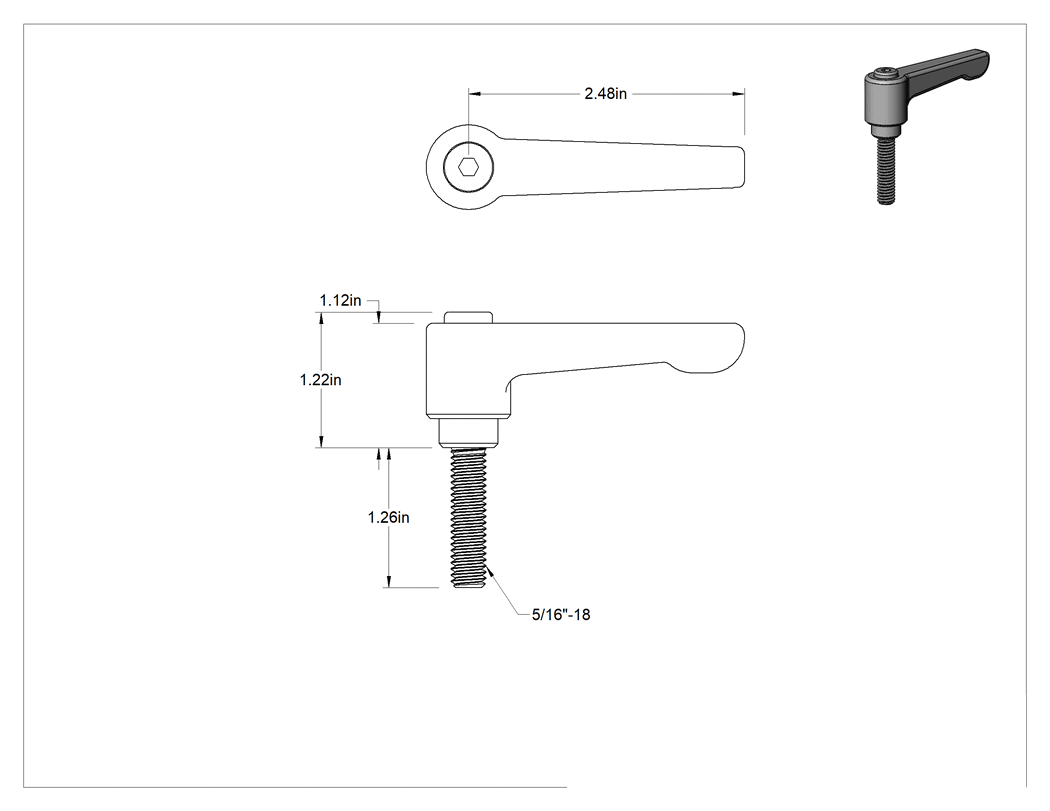 Teknik Çizim - Düşük Profilli Ayarlanabilir Tutamak, 5/16"-18 Dişli 1-1/4" Uzunlukta Saplama, Siyah Naylon