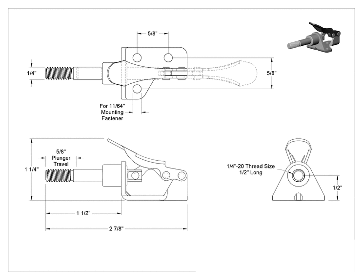 Teknik Çizim - İt/Çek Mandal Kelepçe, Kompakt, 18-8 Paslanmaz Çelik, 100 lbs. Kapasite, 1-1/2" Uzunlukta Piston