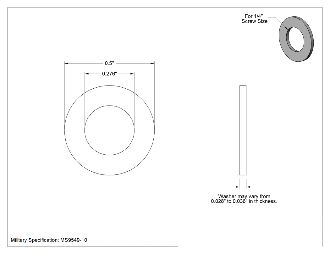 Teknik Çizim - Yüksek Sıcaklık 321 Paslanmaz Çelik Mil.Spec.Pul, 1/4" Vida Boyutu için, 0.276" İç Çap, 0.500" Dış Çap, MS9549-10