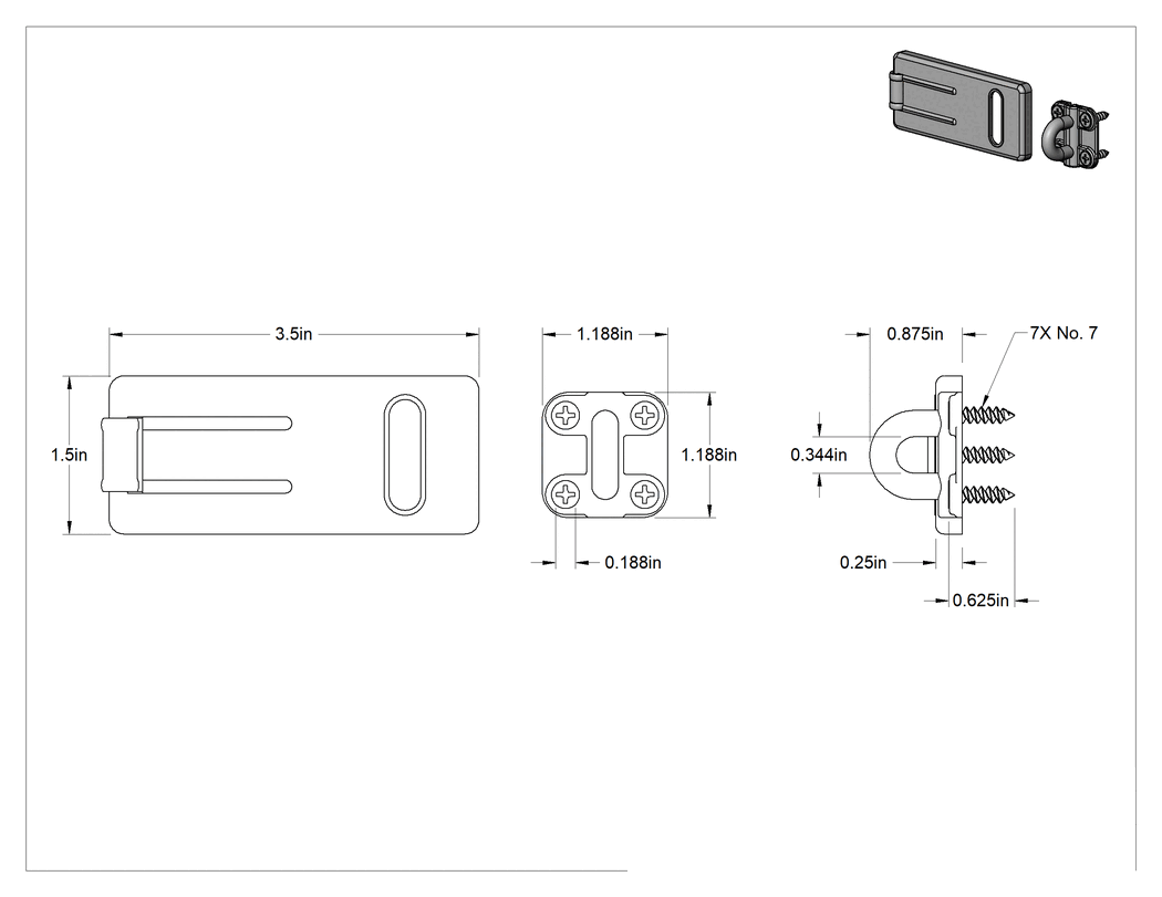 Teknik Çizim - Asma Kilitli Mandal, 3-1/2" x 1-1/2" x 1/4" Kollu, Çinko Kaplı Çelik