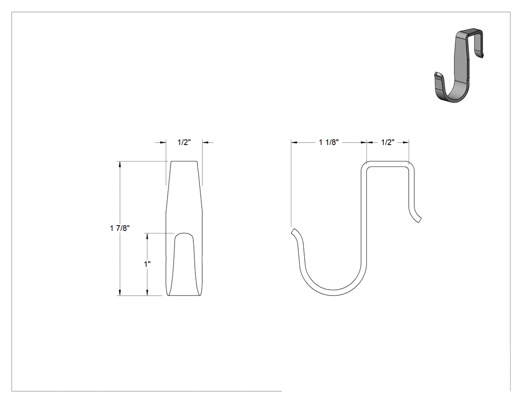 Teknik Çizim - Kapı Üstü Monte Asma Kancası, 1/2" Maksimum Kapı Kalınlığı, 1-1/8" Çıkıntı