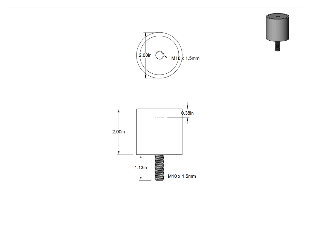 Teknik Çizim - Neopren Titreşim Sönümleyici Sandviç Montaj, M10 x 1.5 mm Çelik Saplama ve Ek Parçalı, 165 lbs. Kapasite, 2" Yükseklik