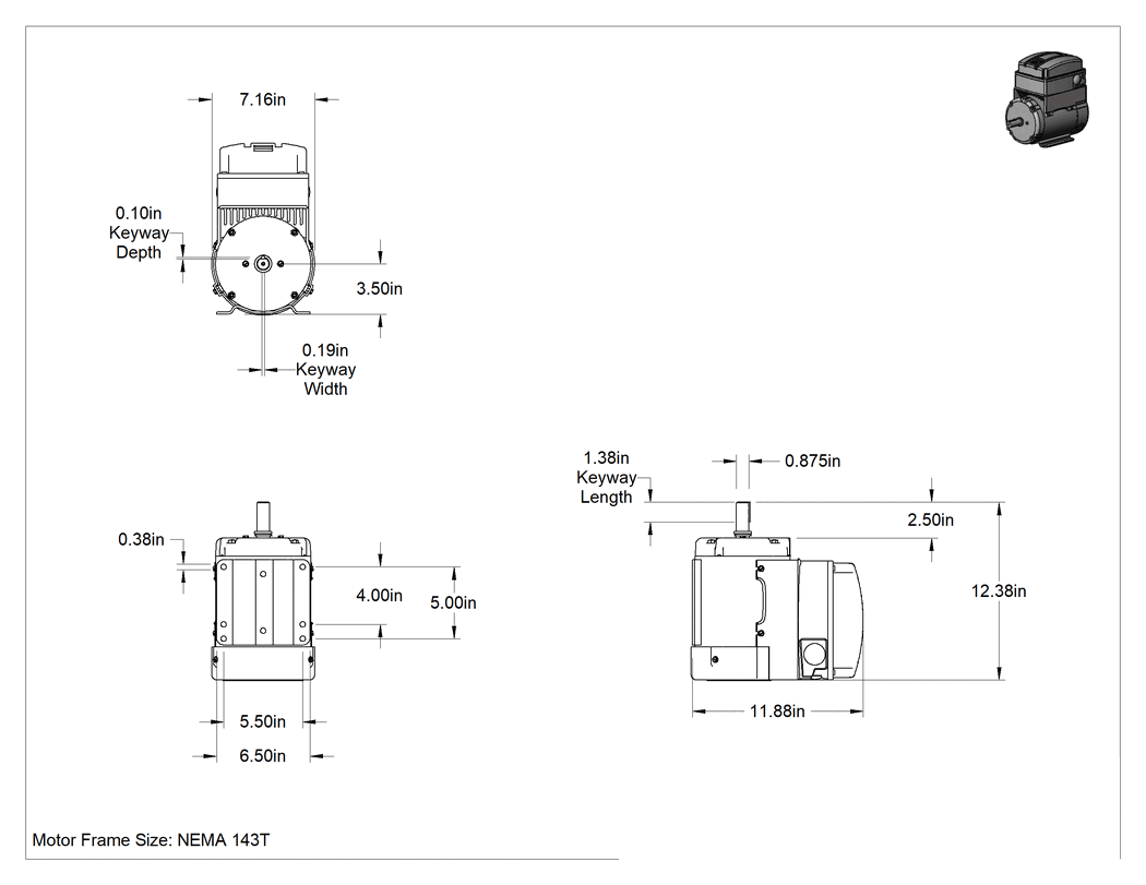 Teknik Çizim - Programlanabilir Taban Montajlı Hız Kontrol Motoru, 230V AC, Üç Fazlı, NEMA 143T, 1 hp