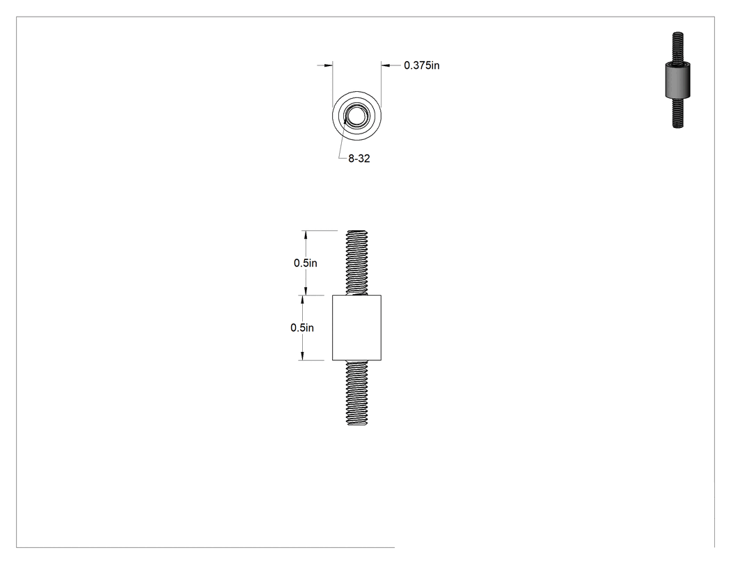 Teknik Çizim - Saplamalı Titreşim Sönümleyici Sandviç Montaj, Neopren, 8-32 Diş Boyutu, 7 lb Kapasite, 1/2" Yükseklik