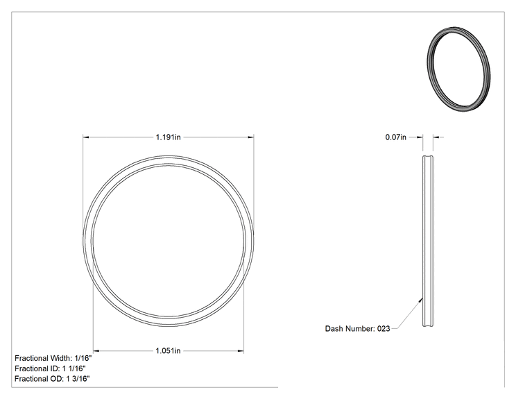 Teknik Çizim - Kimyasallara Dayanıklı Viton® Floroelastomer O-Ring, X-Profil, 1/16 Kesirli Genişlik, Dash Numarası 023
