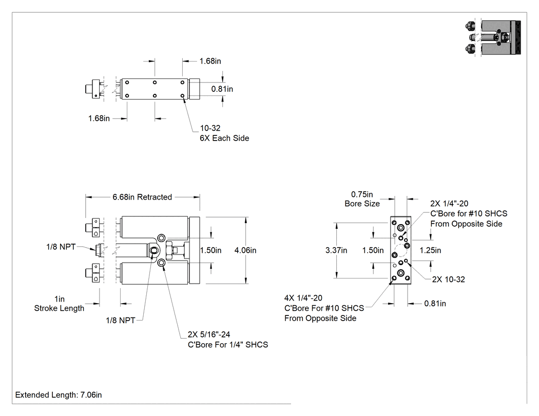 Teknik Çizim - Ayarlanabilir Strok Uzunluğuna Sahip Hava Sürgüsü, Çift Etkili, 3/4" Delik Boyutu, 4.06" Genişlik, 1" Strok Uzunluğu