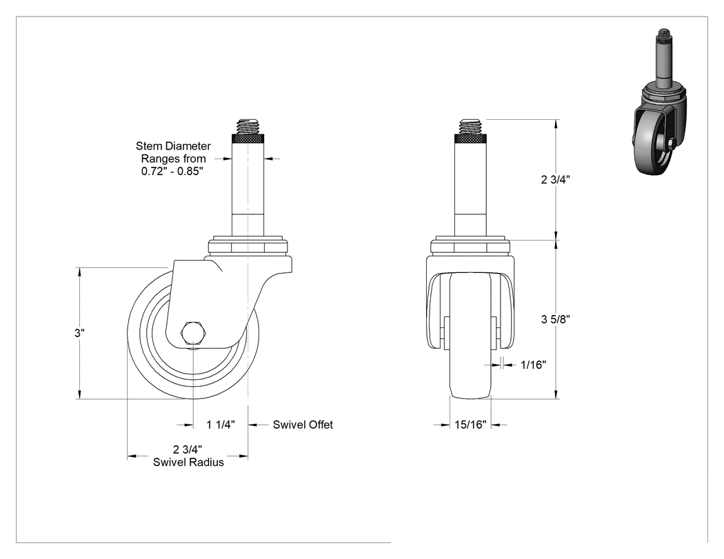 Teknik Çizim - Sürtünmeli Tutuşlu Saplı Tekerlek, 3" Çaplı Kauçuk Tekerlek ve 23/32" ila 27/32" Sap Çapılı