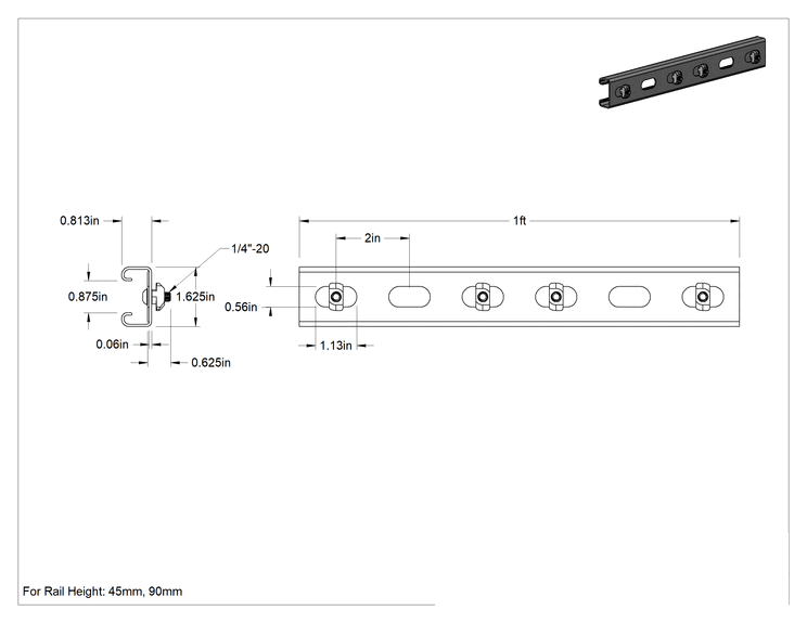 Teknik Çizim - T-Yivli Çerçeveleme için Strut Kanalı, Düşük Profil, Alüminyum, 45 mm Yüksekliğinde Tek Ray için, 1 Fit Uzunluğunda