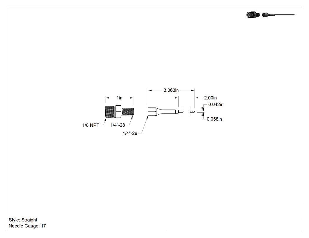 Teknik Çizim - 3-1/16" Uzunlukta, 0.058" Dış Çaplı Düz Hassas Gres Dağıtım Ucu