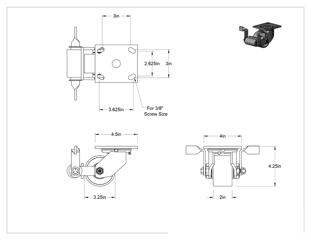 Teknik Çizim - 4-1/2" x 4" Plakalı Yüksek Kapasiteli Spartan Tekerlek, Frenli ve 3-1/4" Çapında Açık Rulmanlı Metal Tekerlekli Döner Tekerlek