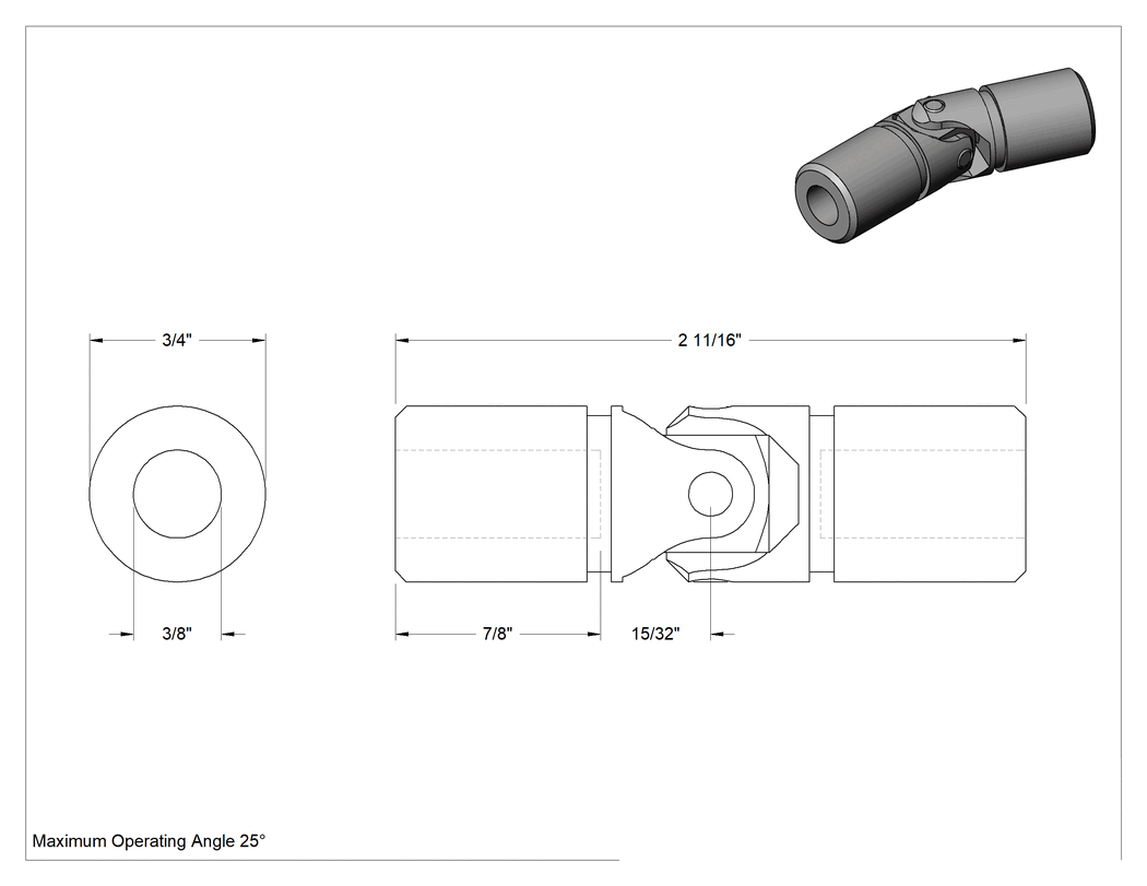 Teknik Çizim - Tek U-Mafsal, Paslanma ve Aşınmaya Dayanıklı, 3/8" Çap x 7/8" Derinlikte Mil için