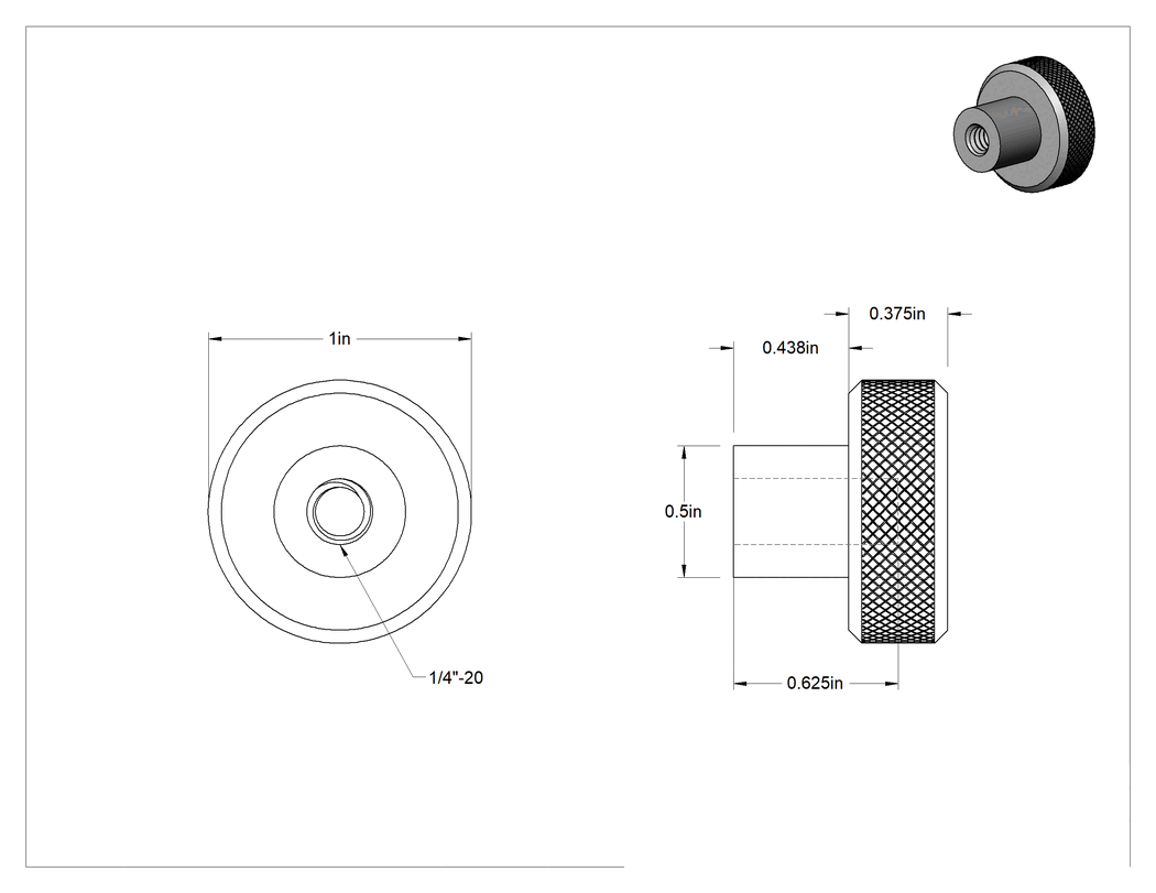 Teknik Çizim - Tırtıllı Tutma Yeri Olan 303 Paslanmaz Çelik Düğme, 1/4"-20 Diş x 5/8" Derinlikte Delik, 1" Çapında Başlık