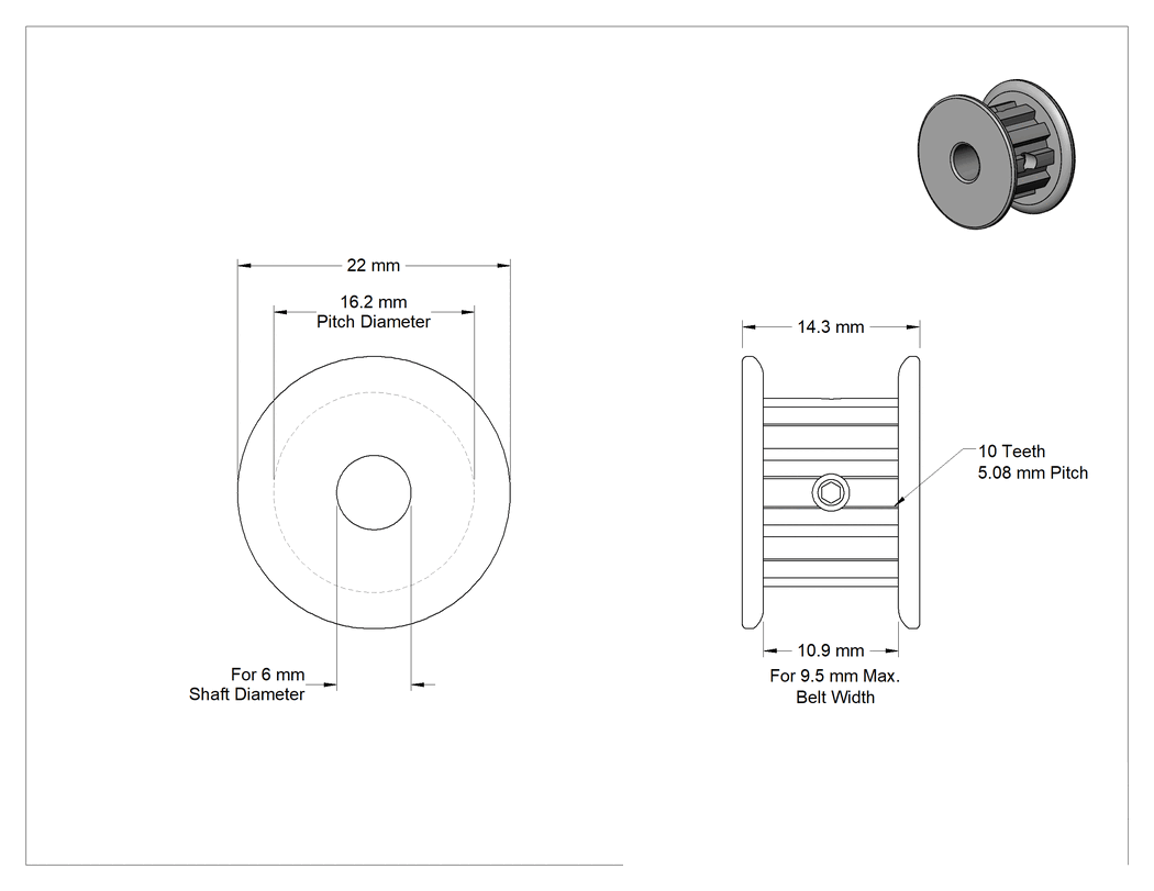 Teknik Çizim - Paslanma ve Aşınmaya Dayanıklı Triger Kayışı Kasnağı, XL Serisi, NO Hub, 9.5 mm Maksimum Genişlik, 22mm Dış Çap, 6 mm Mil