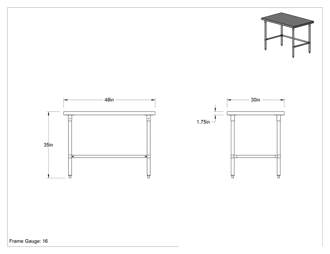 Teknik Çizim - Ahşap Üstlü Masa, 35 inç Yükseklik x 48 inç Genişlik x 30 inç Derinlik