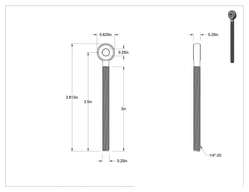 Teknik Çizim - Paslanma ve Aşınmaya Dayanıklı Tam Gijon Ucu Cıvatası, Sağ Yönlü, 304 Paslanmaz Çelik, 1/4"-20 Diş Boyutu, 3-1/2" Merkez Uzunluğu